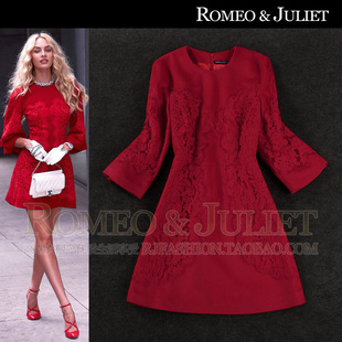 2013欧美女装秋装新款优雅喇叭袖蕾丝拼接修身气质红色毛呢连衣裙