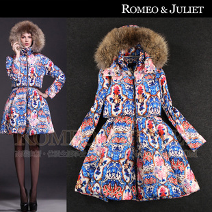 2013欧美冬装新款 奢华超大毛领修身印花假两件套大摆女士羽绒服