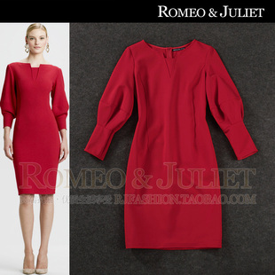 【设计师】2013欧美秋冬女装新款灯笼袖修身包臀针织棉红色连衣裙