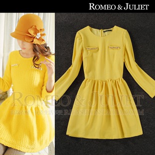 【明星同款】2013欧美秋冬女装新款 订珠装饰褶皱修身黄色连衣裙