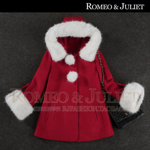 2013欧美秋冬女装新品甜美娃娃款可拆毛领带帽羊毛呢红色大衣外套