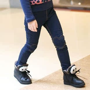  韩版 冬款 爱心儿童女童加绒加厚牛仔裤棉裤铅笔裤小脚靴裤子可批