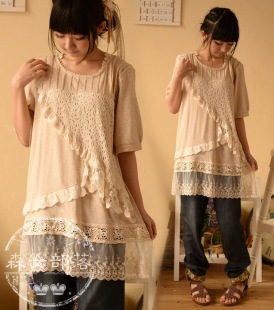  森女部落夏季新森系日系蕾丝不规则花边拼接下摆蕾丝短袖T恤