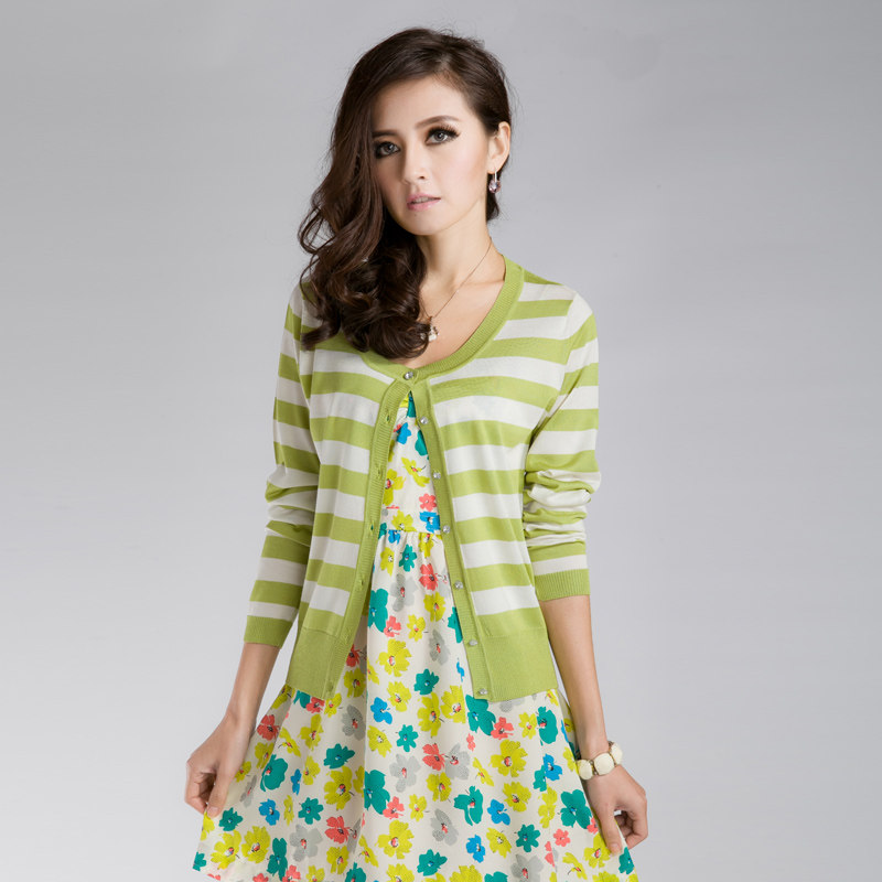 专柜正品羊毛衫清新条纹圆领长袖<em>女式</em>桑<em>蚕丝</em>针