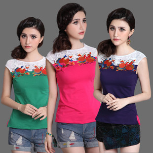  夏装新款女装民族风短袖t恤 蕾丝拼接复古中国风上衣