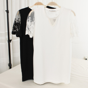  韩版女装 蕾丝短袖网纱拼接T恤 胸口性感小镂空 百搭中长款夏