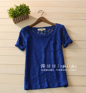  T460 春夏新款，韩国风性感蕾丝棉质拼接短袖修身T恤 女