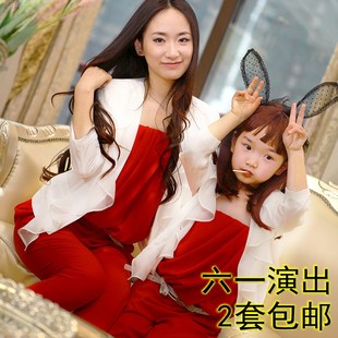  六一演出怡贝贝亲子装夏装款 雪纺红色抹胸连体裤/外套母女装
