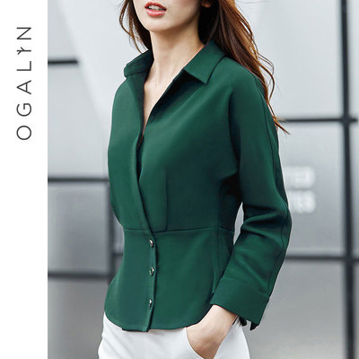 衬衫女长袖2018秋装新款百搭收腰显瘦衬衣女时尚修身蝙蝠袖上衣Q