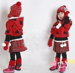  新年冬装儿童装女童加厚羊羔绒卫衣外套+加绒长裤+裙三件套装