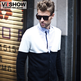  viishow新品针织衫男 V领修身学院风经典拼色开衫潮毛衣男装外套