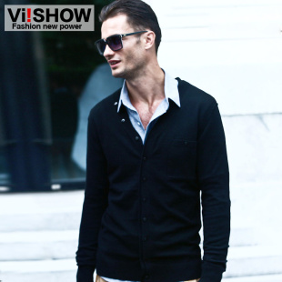  viishow冬季新品针织衫男 修身V领开衫针织衫潮男士经典毛衣
