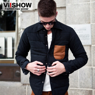 viishow春装新款棉衣男 时尚修身翻领潮短款口袋撞色保暖薄棉服