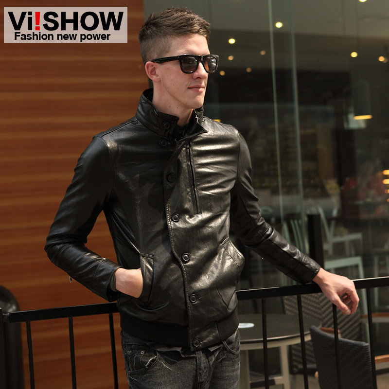 Viishow2013 spring new motorcycle leather men's Western wind single breasted collar slim fit leather jacket coat