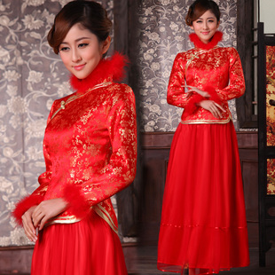  红色新娘敬酒服结婚婚礼改良时尚冬季复古长款长袖夹棉旗袍礼服