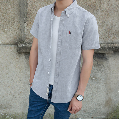 夏季休闲男士白衬衫短袖青少年韩版修身牛津纺纯棉学生寸衣薄款潮