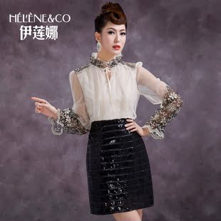  伊莲娜春款连衣裙新款品质女装春装雪纺修身蕾丝连衣裙B12908