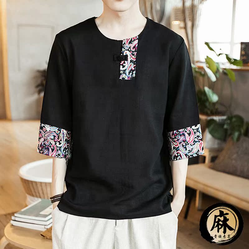 Sleeve T-shirt Easy Three Quarter Sleeve Cotton and hemp Chinese style Retro Trend personality Linen 7 Short sleeved jacketin the Men's clothing, T-shirt category - from Buy2taobao.com to provide professional Taobao agent buy service