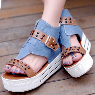  新款休闲罗马坡跟凉鞋女帆布女鞋厚底松糕鞋时尚鱼嘴鞋高跟鞋