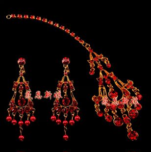  新娘耳环红色结婚项链韩国配饰婚纱礼服头发饰韩版额饰印度眉心坠