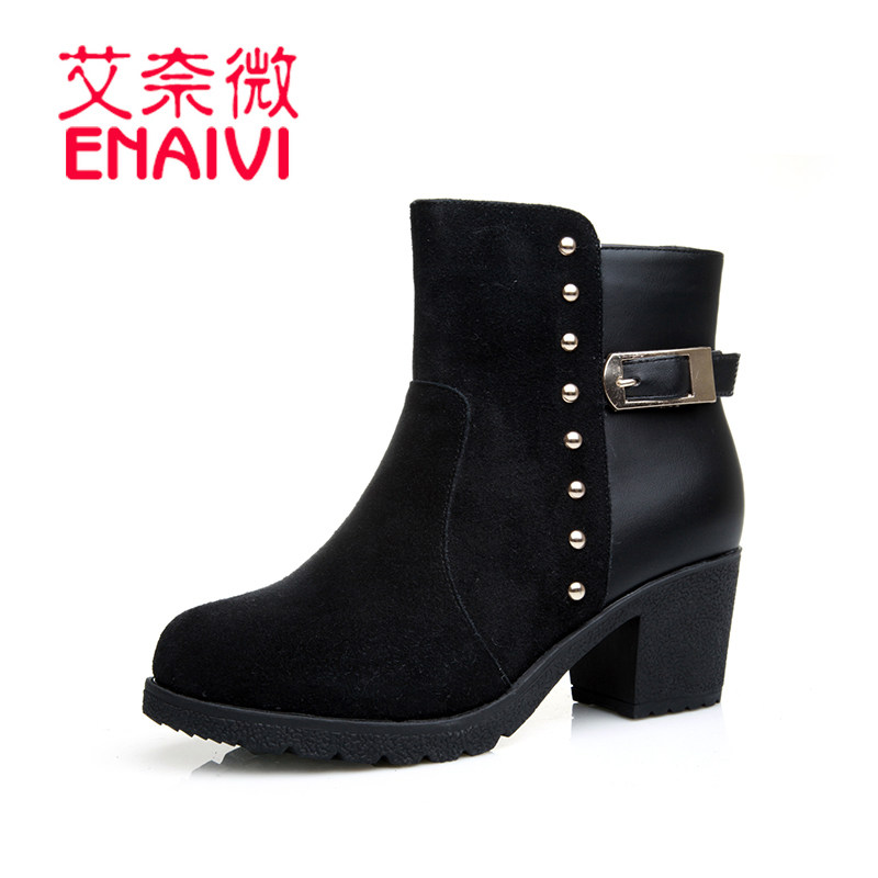 ENaiVI/艾奈微2013加厚毛绒冬款奢华铆钉搭扣粗高跟马丁靴女靴