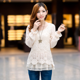 包邮韩版秋冬装<em>新款少女装</em>蕾丝边上衣拼接雪纺