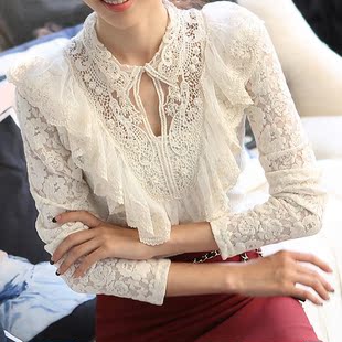  女装春装新款韩版网纱加厚打底衫女长袖蕾丝衫潮白色小衫上衣