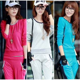  新款低领韩版撞色泡袖卫衣套装 修身运动装 休闲家居服 品牌女装