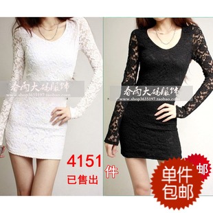  新款大码 长袖 蕾丝裙 桃心领 蕾丝连衣裙 长款 蕾丝打底衫