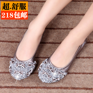  高档正品气质水钻水晶羊皮平跟单鞋 新款真皮平底鞋 婚鞋女鞋