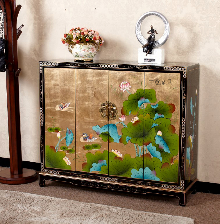 Special Offer Gold foil furniture Chinese style Hand drawn Lotus pattern Shoe cabinet Large Shoe cabinet Exit Chinese style Gold foilin the Residential furniture , Cabinet , Shoebox category - from Buy2taobao.com to provide professional Taobao agent buy service