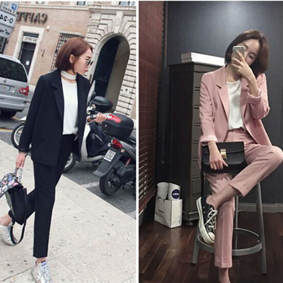 简约时尚黑色西服套装女韩国显瘦一粒扣小西装外套九分裤两件套潮