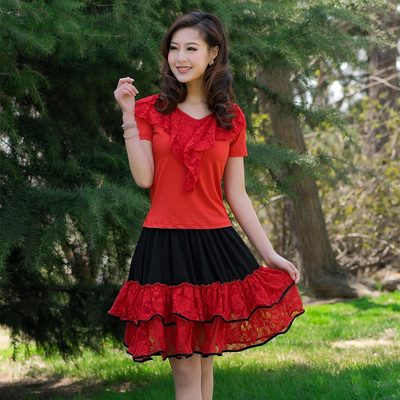 千千舞灵 女舞蹈服装广场舞服装套装新款蕾丝短袖上衣蕾丝半身裙