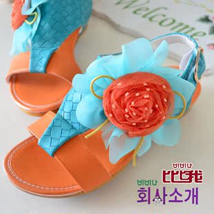  韩国比比我正品夏款女童雪纺花朵撞色拼接儿童凉鞋81019-3