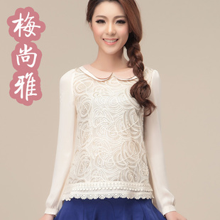  春季新款Five女装Plus蕾丝雪纺娃娃领长袖打底衬衫2126010280