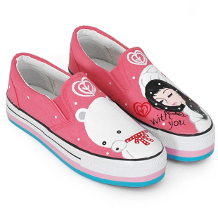  卜丁无带套脚手绘鞋 女鞋松糕鞋 韩版厚底帆布鞋软牛筋底粉色