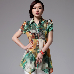  夏季女士韩版大码长款碎花雪纺衬衫 女 短袖时尚蕾丝休闲衬衣 薄