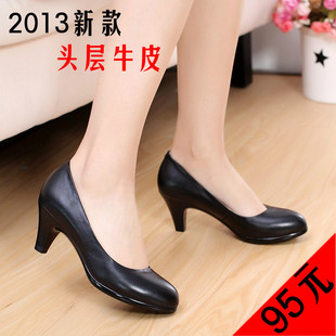  促销春季新款女鞋高跟鞋韩国公主单鞋女真皮圆头黑色工作鞋