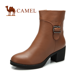  camel 骆驼正品 女鞋 头层牛皮 秋冬新款 时尚休闲百搭方跟女靴