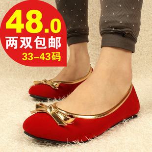  春鞋新款红色婚鞋保暖单鞋内毛绒平底鞋 欧美 单鞋大码女鞋外