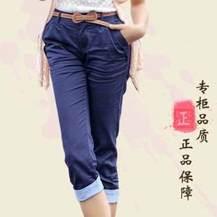 正品美特斯邦威夏装女款时尚休闲中裤五分裤翻边褶襉修身七分