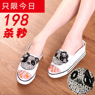  新款韩版内增高真皮女鞋 熊猫水钻坡跟一字拖 厚底松糕凉拖鞋