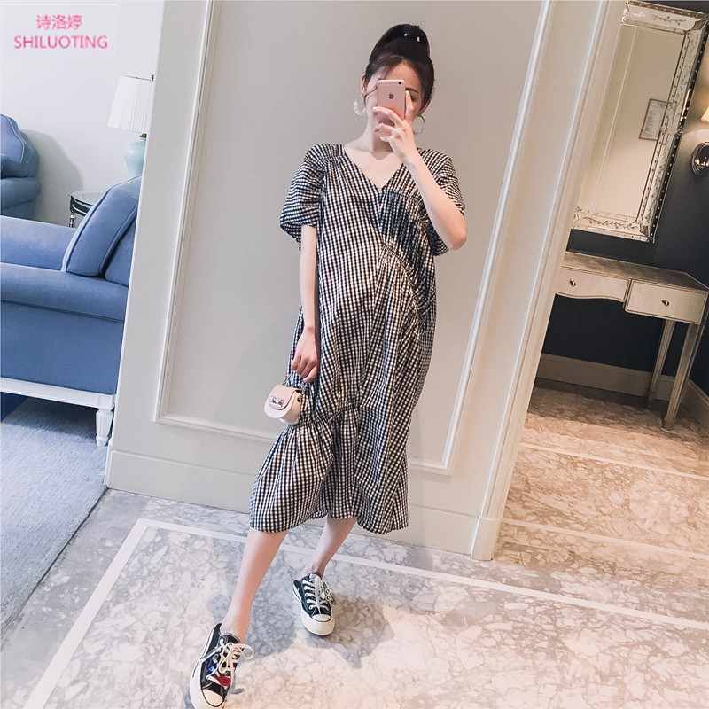 SHILUOTING 孕妇装2019夏装新款V领系带格子鱼尾时尚辣妈连衣裙|msdalam kategori Bekalan Ibu / Ibu / Pemakanan, bersalin, pakaian - dari Buy2taobao.com untuk memberikan perkhidmatan ejen Taobao profesional membeli
