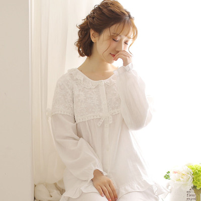 韩版睡衣女秋冬季长袖纯棉纱布白色甜美公主蕾丝宫廷少女家居服