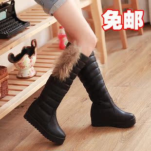  包邮冬季中跟高筒厚底中筒靴兔毛毛加厚皮靴长靴子雪地靴棉鞋女鞋