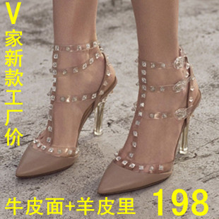  春夏呛口小辣椒秀 华伦V家新款水晶透明尖头铆钉高跟鞋女凉鞋