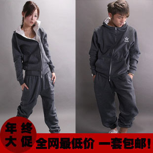  秋冬韩版大码男女情侣装嘻哈街舞服卫衣抓绒休闲运动套装团班服
