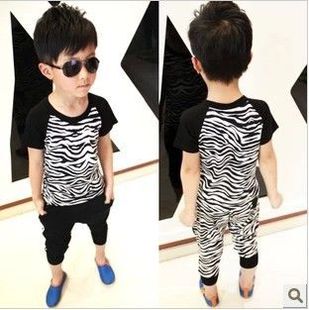  夏装新款韩版童装儿童男童 斑马纹 短袖T恤+哈伦七分裤套装