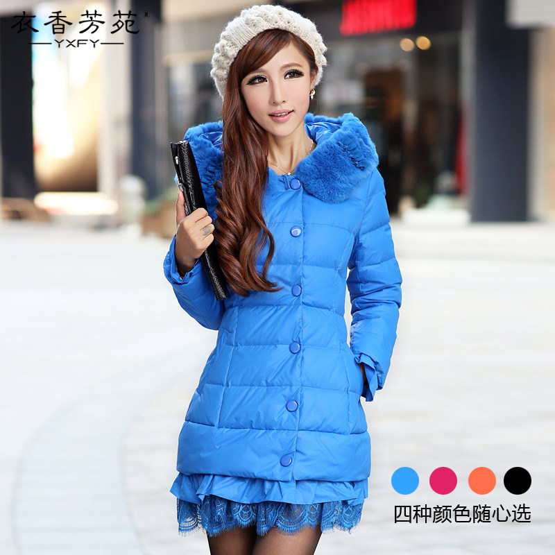2012 new style winter wear lace in Korean hooded rabbit fur long slim down jacket
