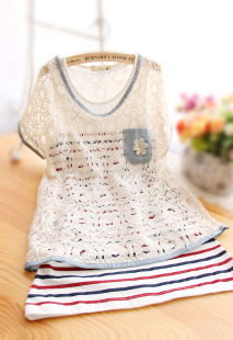  日系森女牛仔拼接宽松蕾丝罩衫纯棉无袖圆领条纹T恤两件套2487